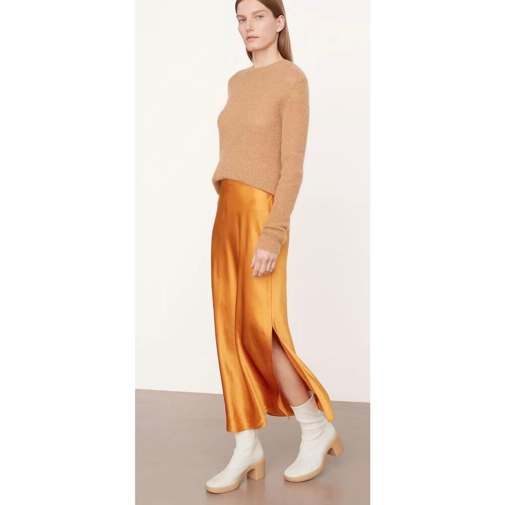 Vince Satin Midi Slip Skirt Gold Sap Orange 1X Luxurious Chic Classy - Picture 2 of 14